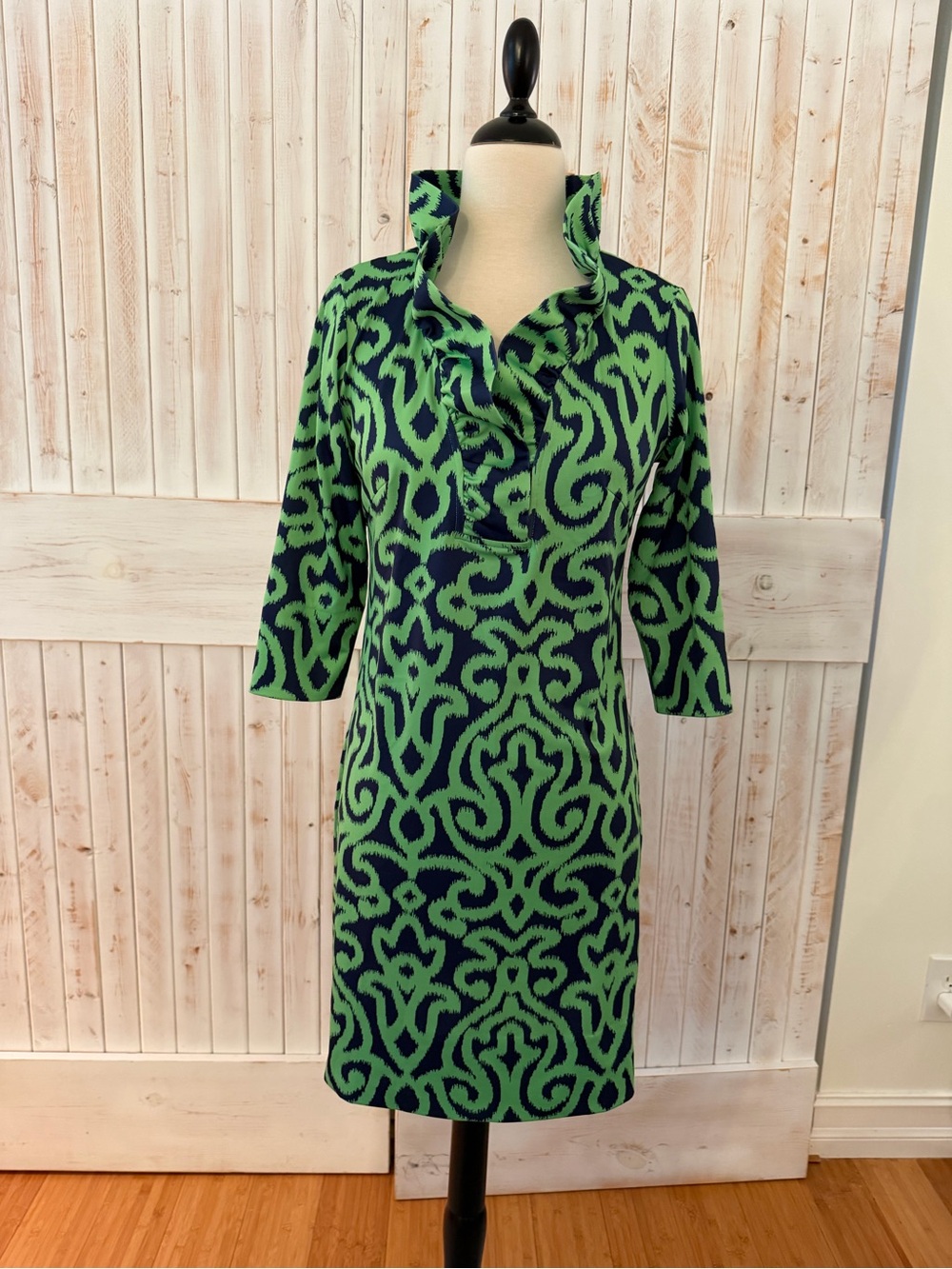 Gretchen Scott Green & Navy Patterned Stretch Knit Dress